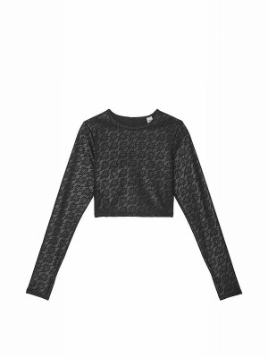Black Victoria Secret VSX Leather Lace Long Sleeve Crop Top Tops | DXVRC9385