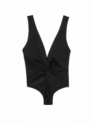 Black Victoria Secret V Neck Plunge Open Backsuit Swimsuits | PUZKY0645
