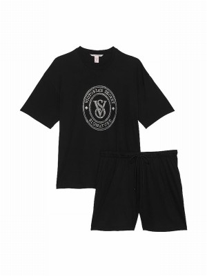 Black Victoria Secret W Rhinestone Graphic Cotton Nightwear | PXZRH3572