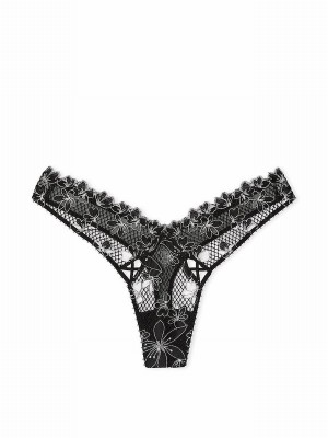 Black Victoria Secret Ziggy EmbroideHigh Leg Thong Underwear | DKZPB0825