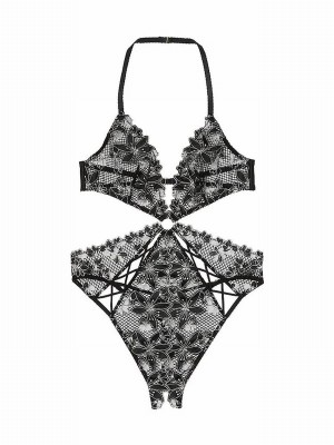 Black Victoria Secret Ziggy Glam Embroidery Cutout Crotchless Bodysuit Lingerie | NBOCK0753