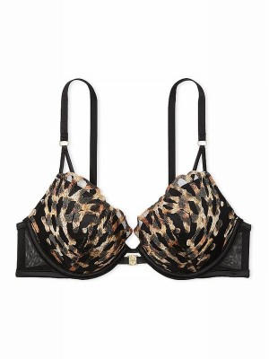 Black / Leopard Victoria Secret Push Up EmbroideBra Bras | MKYFV8603