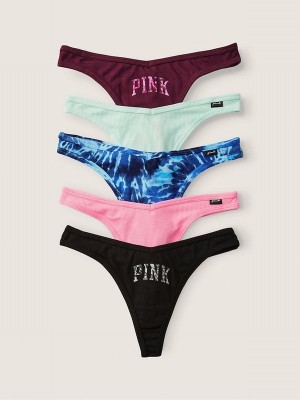 Black / Pink / Blue / Green Victoria Secret Logo Thong Cotton Multipack Underwear | HSORQ5072