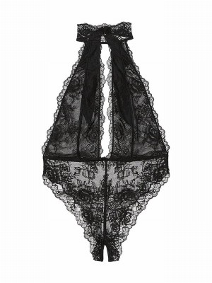 Black / Rose Victoria Secret Lace Halter Crotchless Bodysuit Lingerie | PILFK0746