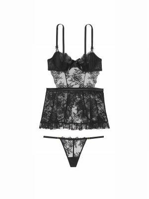 Black / Rose Victoria Secret Lace Unlined Balcony Apron Babydoll Lingerie | JXUGA7560
