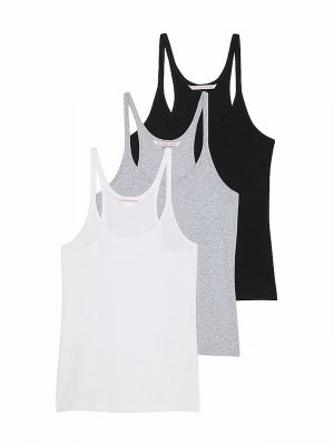 Black / White / Grey Victoria Secret 3-Pack Cotton Racerback Tops Tops | OHCGX2053