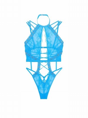 Blue Victoria Secret Capri High Neck Eyelet Bodysuit Tops | AGUSF4617