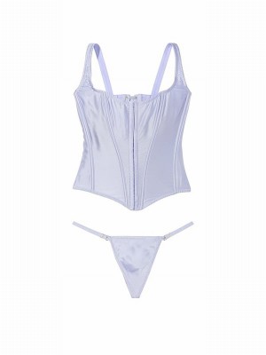 Blue Victoria Secret Crescent Archive Satin Corset and Knicker Set Lingerie | FHKEA2147