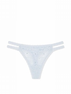Blue Victoria Secret Hydrangea Diamante Thong Floral Lace Underwear | ROCHV4785