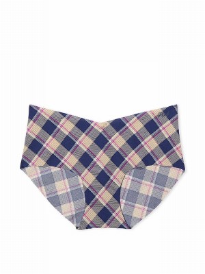 Blue / Navy Victoria Secret Plaid Print Hipster No Show Lace Trim Hipster Underwear | IYWAP7302