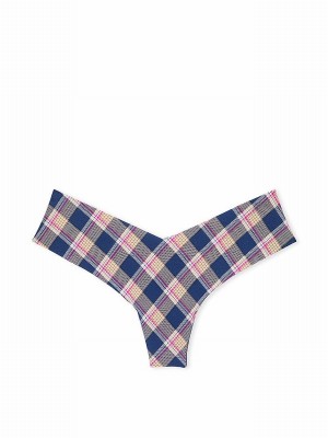 Blue / Navy Victoria Secret Plaid Print High Leg Thong Underwear | RKZET3697