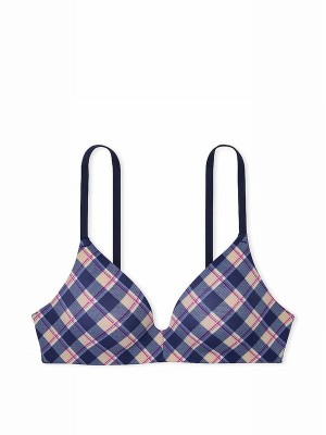 Blue / Navy Victoria Secret Plaid Print Non WiLightly Lined Bras | VDQAU8913