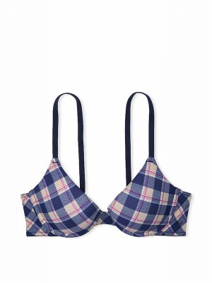 Blue / Navy Victoria Secret Plaid Print Push Up Bras | MUAWS4391