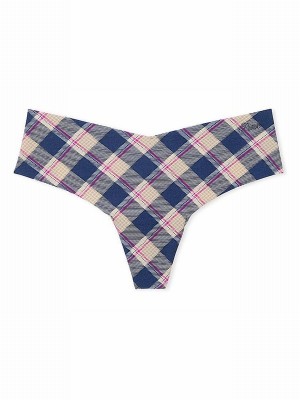 Blue / Navy Victoria Secret Plaid Print Thong No Show Underwear | ZTKYL4586