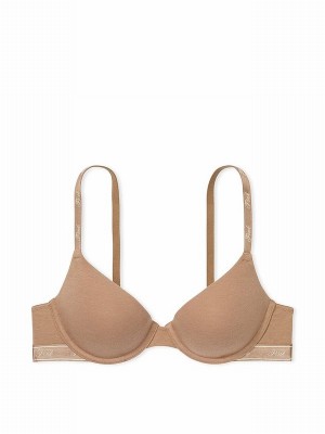 Brown Victoria Secret Latte Lightly Lined Demi Cotton Logo Bras | XIHKE4689