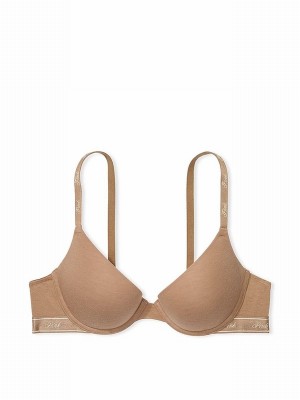 Brown Victoria Secret Latte Push Up Cotton Logo Bras | VZYSI2709