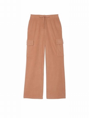 Brown Victoria Secret Toffee Fleece Wide Leg Cargo Joggers | KUMTV2598