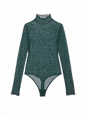 Deep Green Victoria Secret Forest Star Chaser Lace Mock Neck Bodysuit Lingerie | GXKHM7530