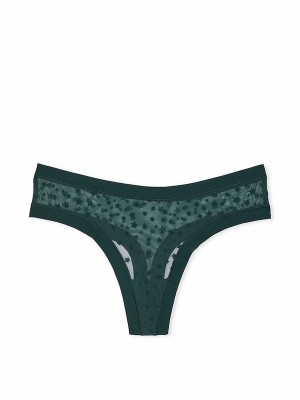 Deep Green Victoria Secret Forest Thong No Show Star Mesh Underwear | VRMCX3104