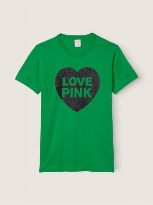 Green Victoria Secret Cotton Sleeve Campus T Shirts | OGNKS0683