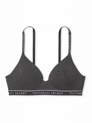Grey Victoria Secret Charcoal Heather Logo Strap Non WiLightly Lined Bras | EOLTY3214