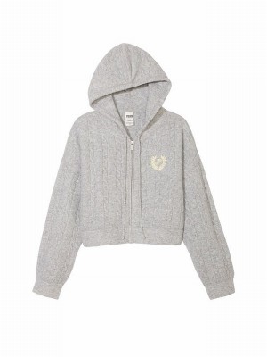 Grey Victoria Secret Heather Full Zip Cable Knit Hoodie | GUFTB4582