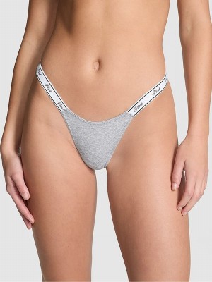 Grey Victoria Secret Medium Heather Cotton Logo Mini Scoop Thong Underwear | UOQIJ4728