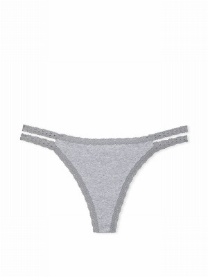Grey Victoria Secret Medium Heather Lace Trim Rib Strappy Thong Underwear | AIDMO5407