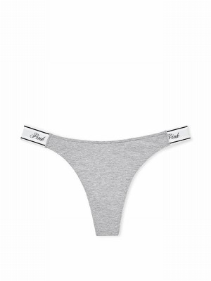 Grey Victoria Secret Medium Heather Thong Cotton Logo Underwear | JEPLT2643