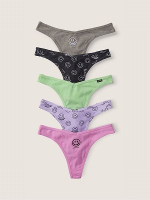 Grey / Purple / Green Victoria Secret Smiley Thong Cotton Multipack Underwear | CDMIJ2061
