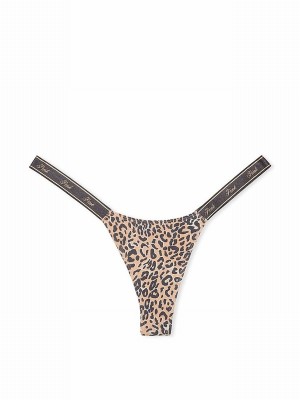 Leopard / Brown Victoria Secret Cotton Logo Mini Scoop Thong Underwear | EAHLB5489