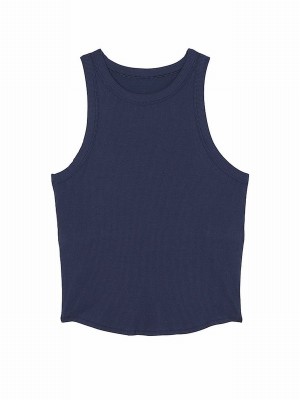 Navy / Blue Victoria Secret Midnight High Neck Shrunken Rib Tops | YHQLR5714