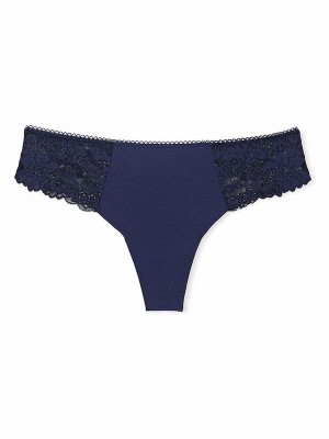 Navy / Blue Victoria Secret Midnight Lace Trim Thong No Show Underwear | KPWRF0153