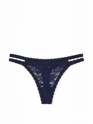 Navy / Blue Victoria Secret Midnight Thong Floral Lace Underwear | KEOCG7120