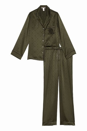Olive / Green Victoria Secret VS Logo Dot Satin Long Nightwear | CQGFN0846