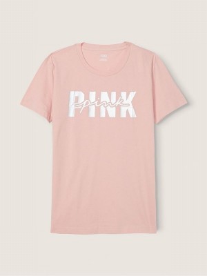 Pink Victoria Secret Cotton Sleeve Campus T Shirts | COQVK9538
