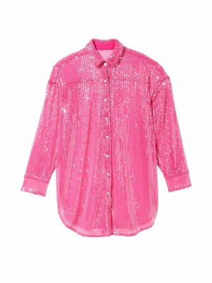 Pink Victoria Secret Forever Sequin Mesh Boyfriend Shirt Tops | RVLQM1562