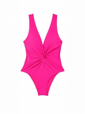 Pink Victoria Secret Forever V Neck Plunge Open Backsuit Swimsuits | UDQCZ8463