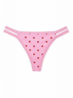 Pink Victoria Secret Moonstone Floral Print Lace Trim Rib Strappy Thong Underwear | KWMXB1486