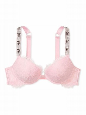 Pink Victoria Secret Pretty Blossom Lace Monogram Push Up Shine Strap Push Up Bras | LRNCS4586