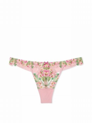 Pink Victoria Secret Thong Lily Embroidery Underwear | SYBGQ2857