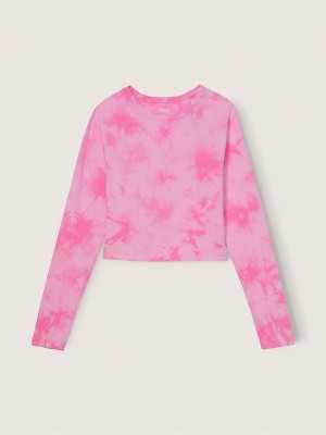Pink Victoria Secret Tie Dye Long Sleeve Crop T Shirts | HJIEL5807