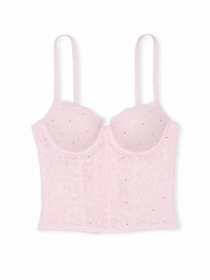 Pink Victoria Secret Tulip Diamante Lace Lightly Lined Balcony Corset Top Lingerie | QWGCJ7528