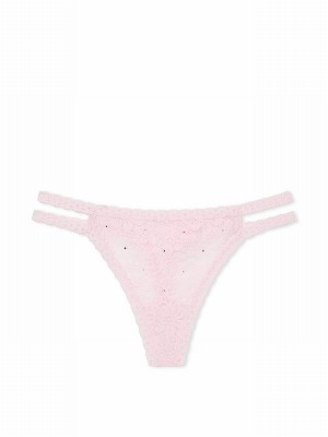Pink Victoria Secret Tulip Diamante Thong Floral Lace Underwear | VECIO5236