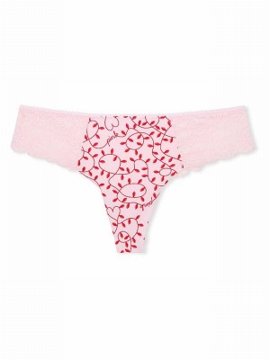 Pink Victoria Secret Tulip Lace Trim Lights Print Thong No Show Underwear | MLWTG6893