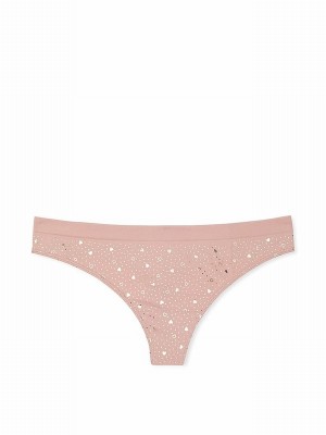 Pink / Beige Victoria Secret Zinc Heart Foil Nude Thong Underwear | BYNTS0976