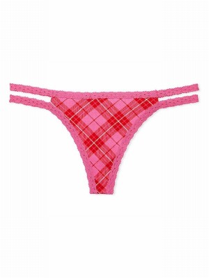Pink / Rose Victoria Secret Plaid Lace Trim Rib Strappy Thong Underwear | ZPAGN6570