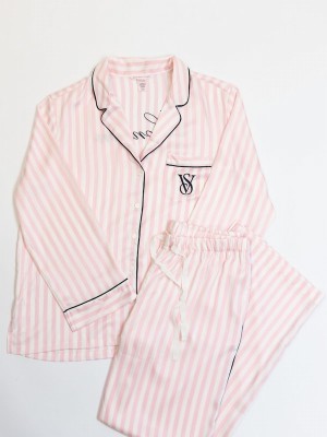 Pink / Stripes Victoria Secret Iconic Long Sleeve London Satin Nightwear | BZLUK3452