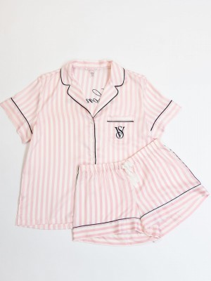 Pink / Stripes Victoria Secret Iconic Sleeve London Satin Nightwear | TVZRW1942