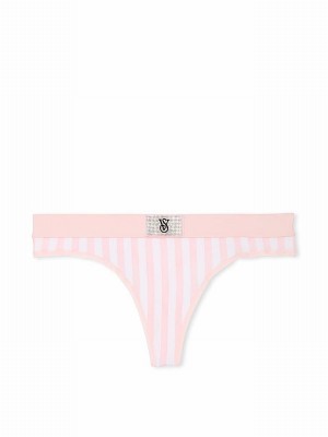 Pink / Stripes Victoria Secret Pretty Blossom Thong Logo Shine Patch Underwear | QZEFJ0643